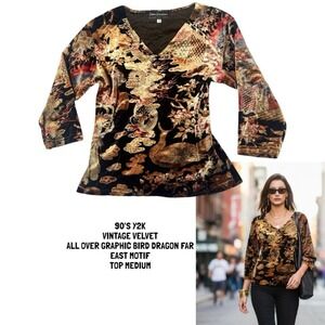 90s Y2K Velvet Dragon Bird Motif Top‎ Medium #15